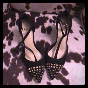 BCBG Black Suede with Gold Studs Heels Size 8